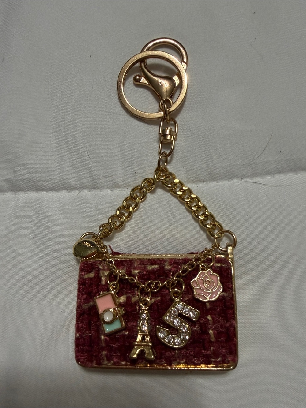Gold-Tone Pink Velvet purse Bag Charm/Keychain with Charms. NWOT.